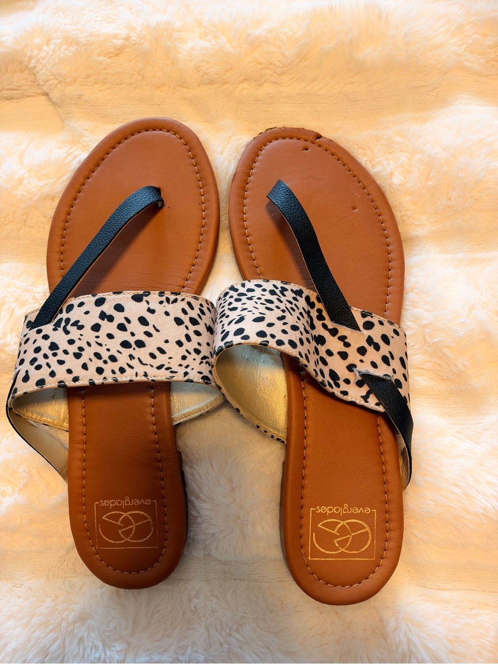 Tan Dalmatian-Print Slide Sandals with Black Toe Loop